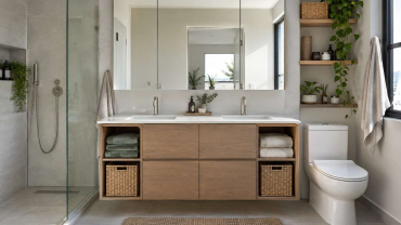 Baño compartido con doble zona de lavabo, cajones y cestas ordenadas