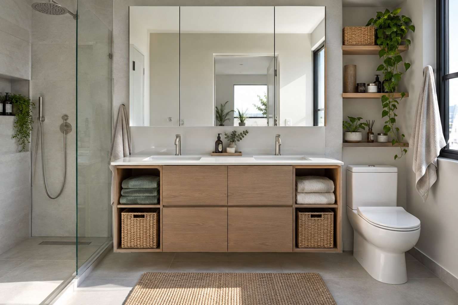 Baño compartido con doble zona de lavabo, cajones y cestas ordenadas