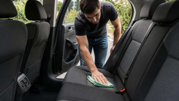 Persona limpiando con microfibra el asiento de tela de un coche con las puertas abiertas.