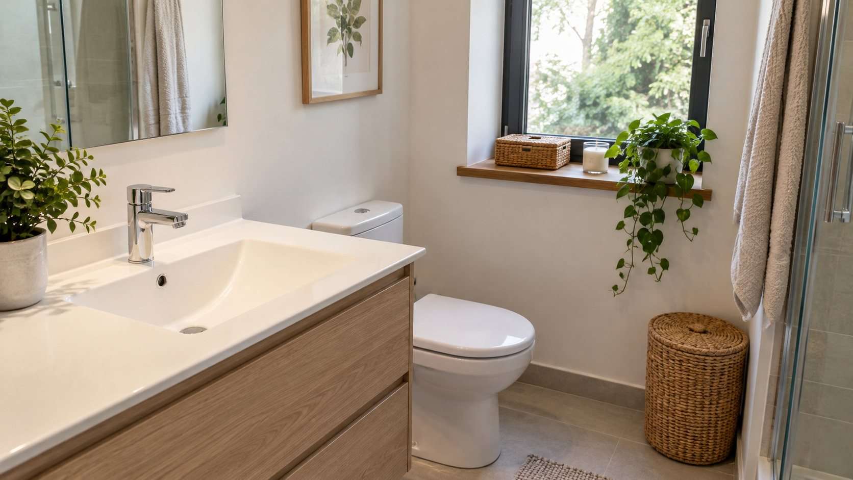 Baño pequeño con ventana y plantas en una repisa, con el lavabo despejado