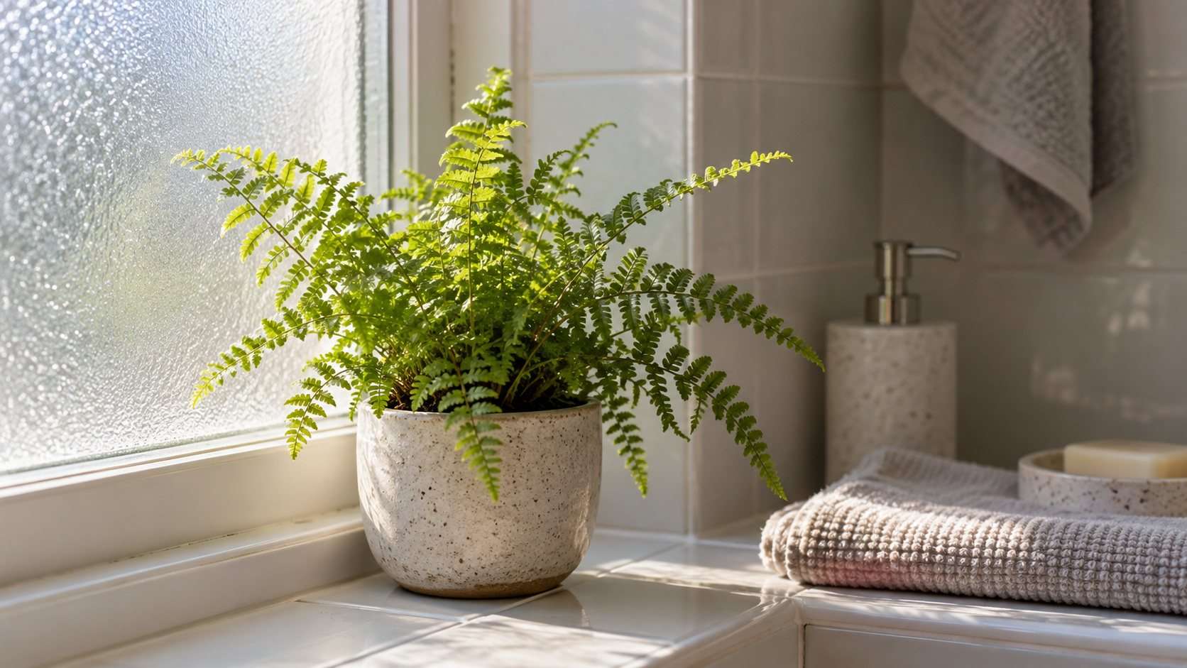 Helecho pequeño junto a una ventana translúcida de baño